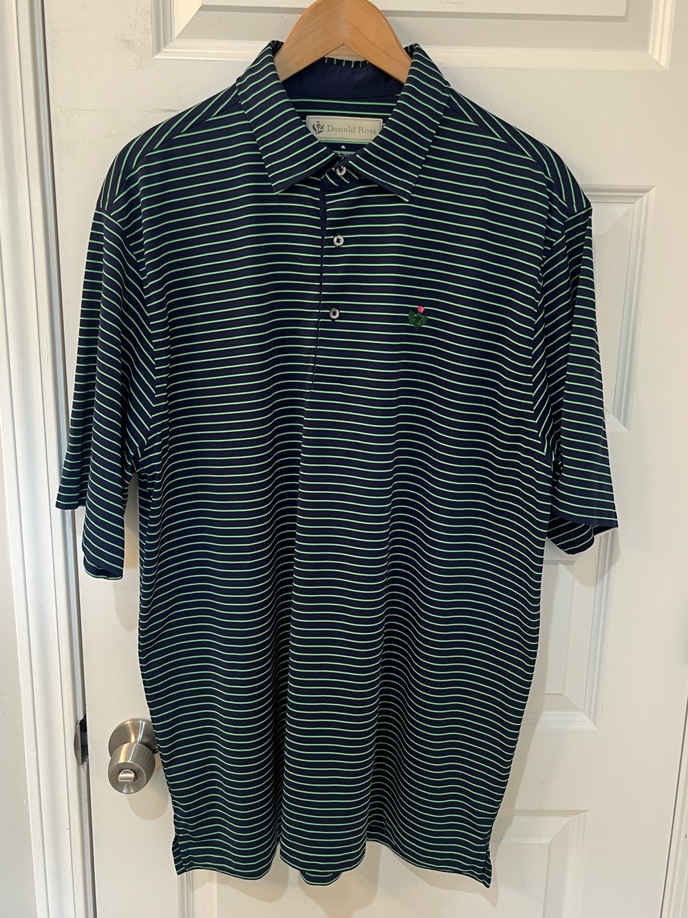 Donald Ross Golf Polo Mens XL Thistle Logo Navy Blue Green Striped Performance